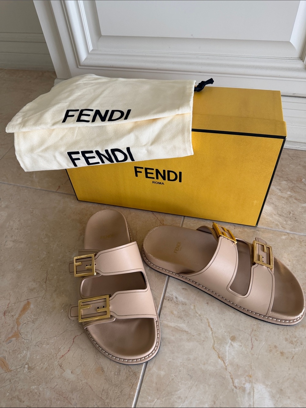 Fendi Nude Leather Double Buckle Slide Sandals with Gold Buckles